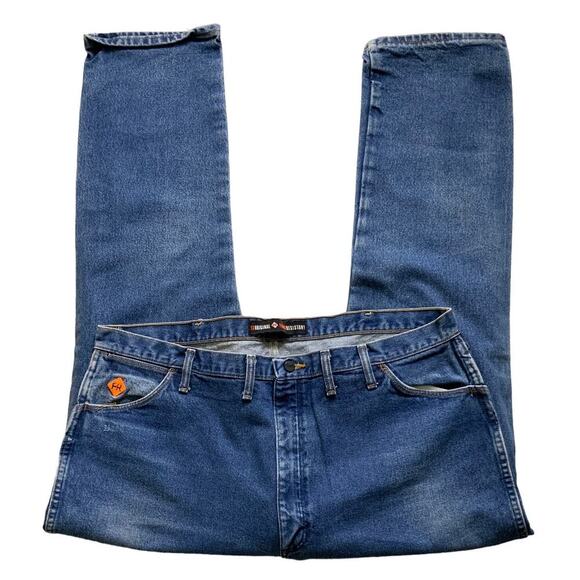 Wrangler Flame Resistant Denim Mens 44X32 Zip Fly Straight Stonewash Blue Jeans - Picture 5 of 12